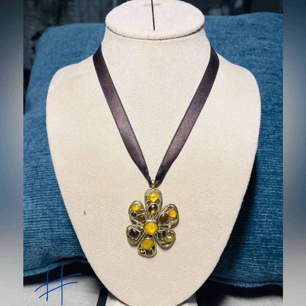 Beautiful Gold, Brown, Yellow Pendant on brown ribbon necklace